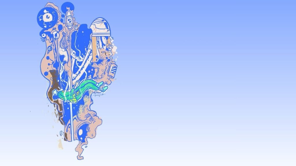 Ilustrasi abstrak oleh Prasajadi untuk cerita Terlalu Banyak Manusia di Langit karya Sabda Armandio