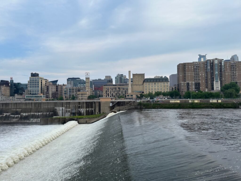 A photo of the Saint Anthony Falls, the only natural major waterfall on the Mississipi River, located in Minneapolis