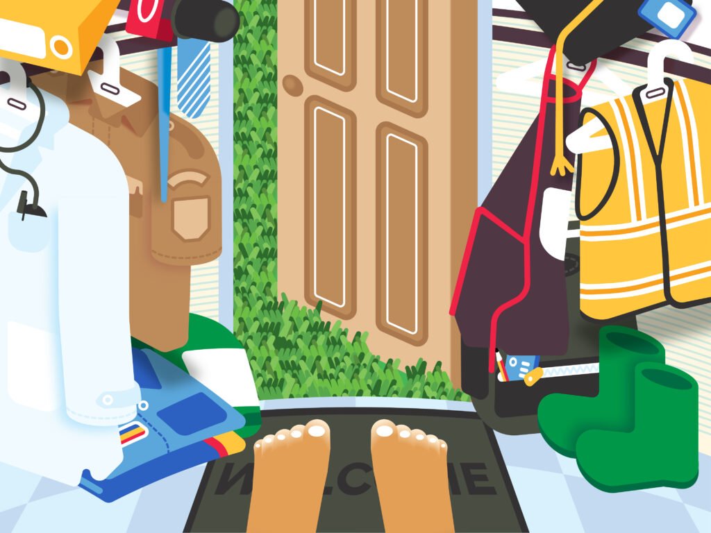 Ilustrasi pintu terbuka dan berbagai pakaian