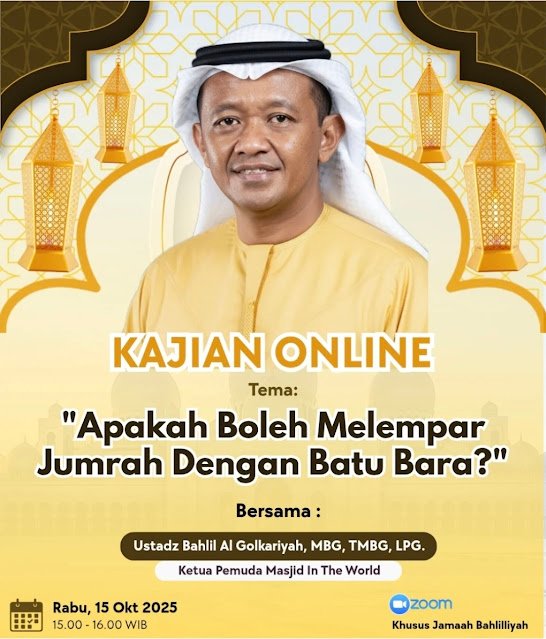 A meme Bahlil Lahadalia as an ustadz, preaching with the theme: "Apakah Boleh Melempar Jumrah Dengan Batu Bara?" (“Is it permissible to throw the jamrah using coal?")