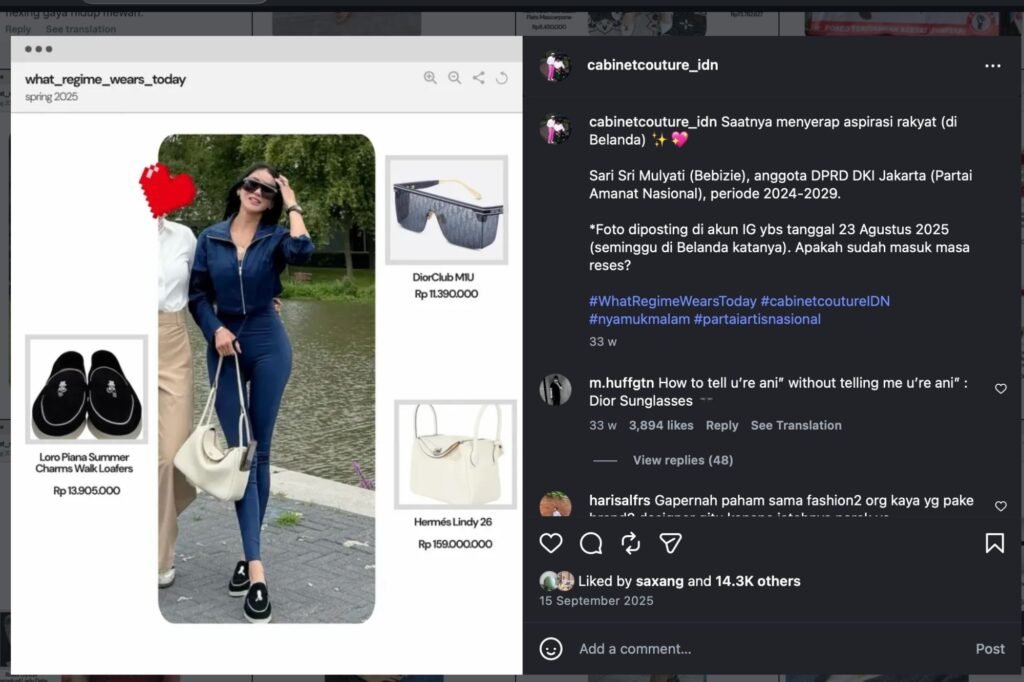 An image of the @cabinetcouture Instagram account posting a breakdown of Sari Sri Mulyati