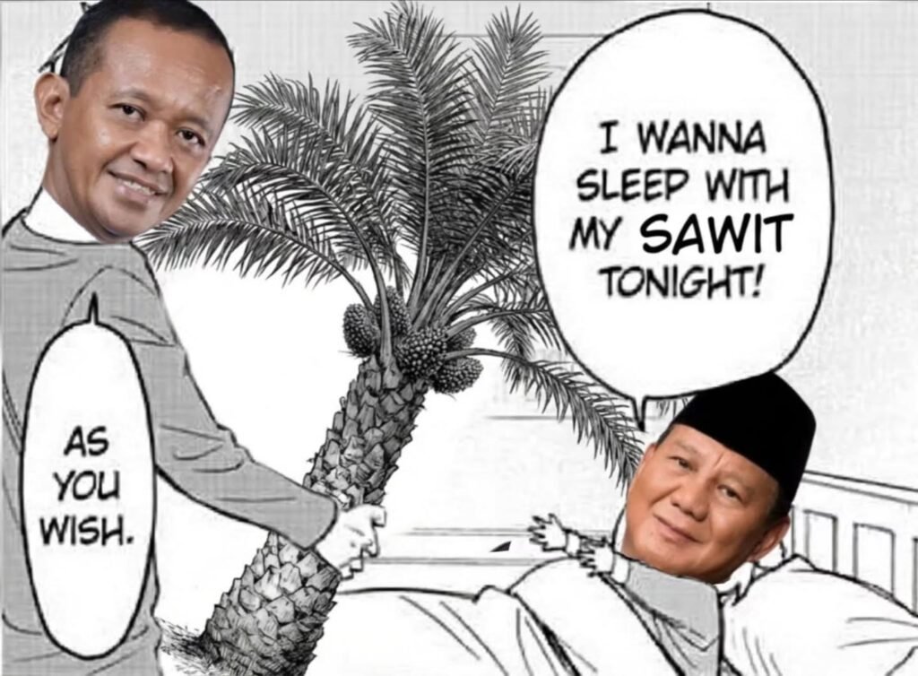 A meme of Minister Bahlil Lahadalia giving an oil palm tree to President Prabowo Subianto for him to sleep with